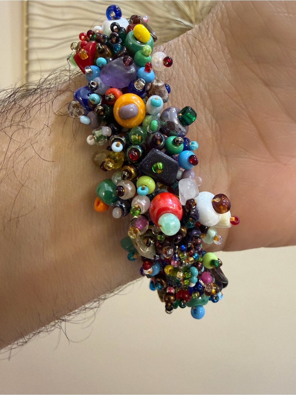 Handmade Boho Multi Color Glass Bead Cluster Bracelet Chunky Magnetic Clasp 43g